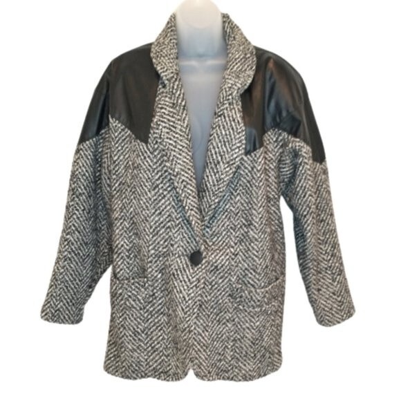 VTG Black Gray Herringbone Coat Size 11/12 Leather Trim by Projections LTD USA - Picture 1 of 8